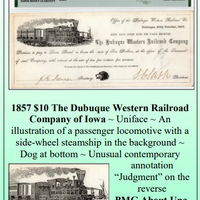 1857 $10 The Dubuque Western Railroad Company of Iowa Obsolete Currency #354