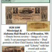 1838 $100 Mississippi & Alabama Rail Road Co. of Brandon, MS Obsolete Currency #356