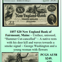 1857 $20 New England Bank of Fairmount, Maine Obsolete Currency #359