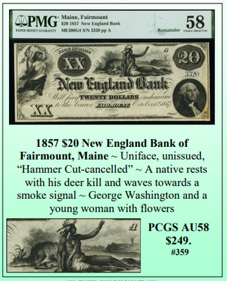 1857 $20 New England Bank of Fairmount, Maine Obsolete Currency #359