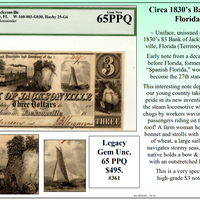 Circa 1830’s Bank of Jacksonville, Florida (Territory)  Obsolete Currency #361