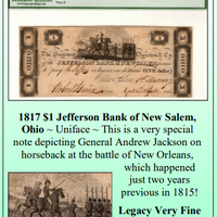 1817 $1 Jefferson Bank of New Salem, Ohio Obsolete Currency #365