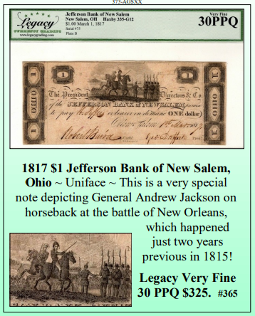 1817 $1 Jefferson Bank of New Salem, Ohio Obsolete Currency #365