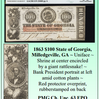 1863 $100 State of Georgia, Milledgeville, GA Obsolete Currency #369