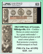 1863 $100 State of Georgia, Milledgeville, GA Obsolete Currency #369