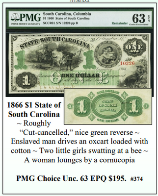 1866 $1 State of South Carolina Obsolete Currency #374