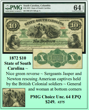 1872 $10 State of South Carolina Obsolete Currency #375