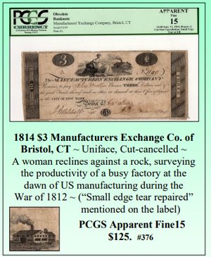 1814 $3 Manufacturers Exchange Co. of Bristol, CT Obsolete Currency #376