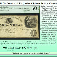 Circa 1830-50’s $1 The Commercial & Agricultural Bank of Texas at Columbia Obsolete Currency #379