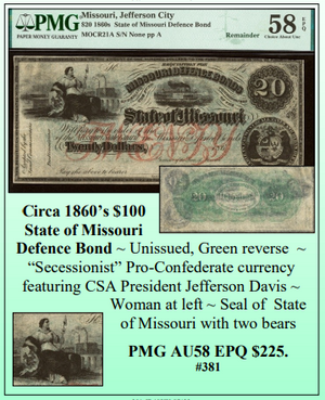Circa 1860’s $100 State of Missouri Defence Bond Obsolete Currency ~ PMG AU58 EPQ ~ #381
