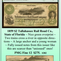 1859 $2 Tallahassee Rail Road Co., State of Florida Obsolete Currency ~ PMG Fine 12 Net ~ #382