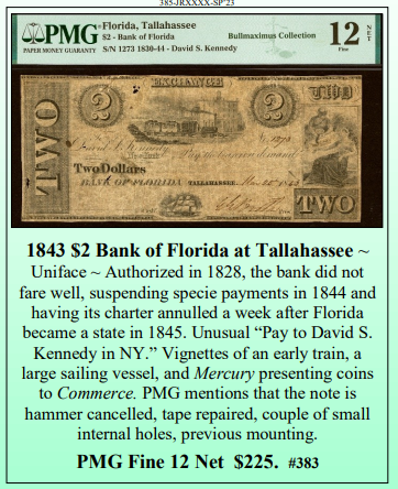 1843 $2 Bank of Florida at Tallahassee Obsolete Currency ~ PMG Fine 12 Net ~ #383