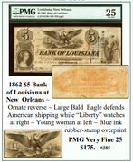 1862 $5 Bank of Louisiana at New Orleans Obsolete Currency ~ PMG Very Fine 25 ~ #385