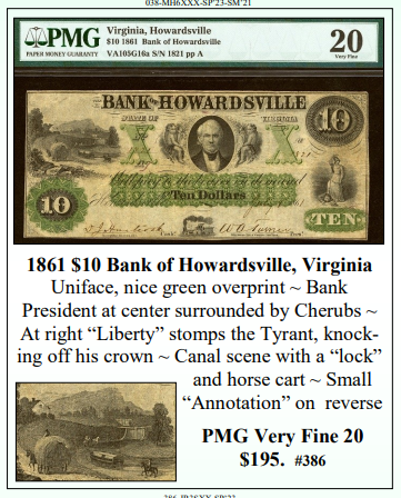 1861 $10 Bank of Howardsville, Virginia Obsolete Currency ~ PMG Very Fine 20 ~ #386