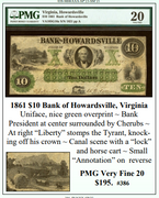 1861 $10 Bank of Howardsville, Virginia Obsolete Currency ~ PMG Very Fine 20 ~ #386