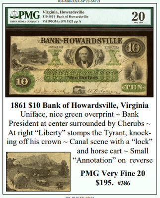 1861 $10 Bank of Howardsville, Virginia Obsolete Currency ~ PMG Very Fine 20 ~ #386