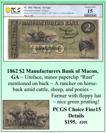 1862 $2 Manufacturers Bank of Macon, GA Obsolete Currency ~ PCGS Choice Fine15 Details ~ #391