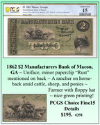 1862 $2 Manufacturers Bank of Macon, GA Obsolete Currency ~ PCGS Choice Fine15 Details ~ #391