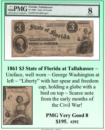 1861 $3 State of Florida at Tallahassee Obsolete Currency ~ PMG Very Good 8 ~ #392