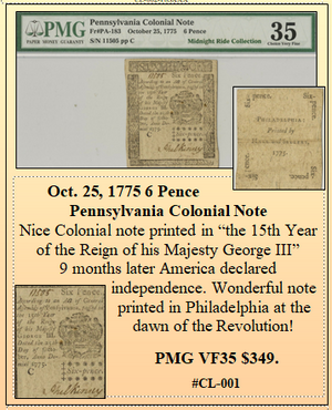Oct. 25, 1775 6 Pence Pennsylvania Colonial Note ~ PMG VF35 ~ #CL-001
