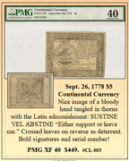 Sept. 26, 1778 $5 Continental Currency ~ PMG XF 40  ~ #CL-003