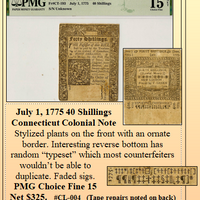 July 1, 1775 40 Shillings Connecticut Colonial Note ~ PMG Choice Fine 15 ~ #CL-004
