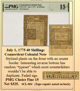 July 1, 1775 40 Shillings Connecticut Colonial Note ~ PMG Choice Fine 15 ~ #CL-004