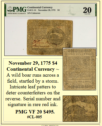 November 29, 1775 $4 Continental Currency ~ PMG VF 20 ~ #CL-005