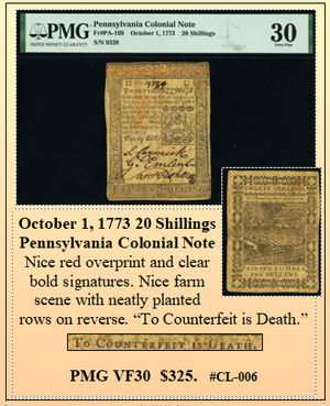 October 1, 1773 20 Shillings Pennsylvania Colonial Note  ~ PMG VF30 ~ #CL-006