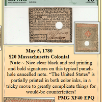 May 5, 1780  $20 Massachusetts Colonial Note ~ PMG XF40 EPQ  ~ #CL-015
