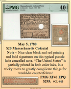 May 5, 1780  $20 Massachusetts Colonial Note ~ PMG XF40 EPQ  ~ #CL-015
