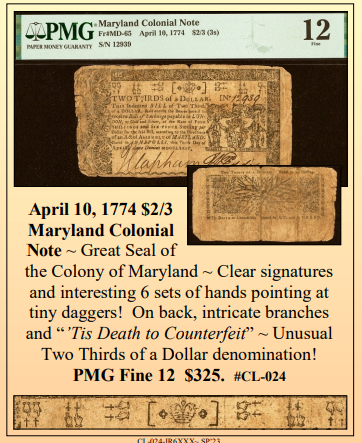 April 10, 1774 $2/3 Maryland Colonial Note ~ PMG Fine 12 ~ #CL-024