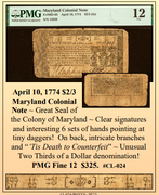 April 10, 1774 $2/3 Maryland Colonial Note ~ PMG Fine 12 ~ #CL-024