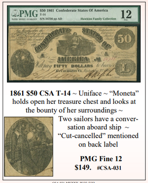 1861 $50 CSA T-14 ~ Confederate Currency ~ PMG Fine 12 ~ #CSA-031