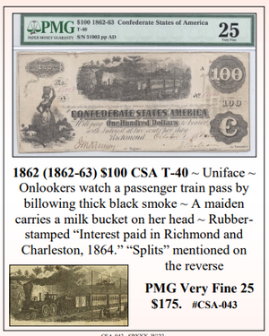 1862 (1862-63) $100 CSA T-40 ~ Confederate Currency ~ PMG Very Fine 25 ~ #CSA-043