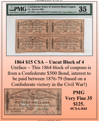 1864 $15 CSA ~ Confederate Currency ~ PMG Very Fine 35  ~ #CSA-044