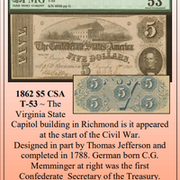 1862 $5 CSA  T-53 ~ Confederate Currency ~ PMG AU53  ~ #CSA-046