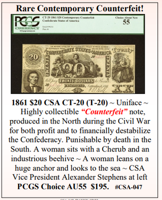 1861 $20 CSA CT-20 (T-20) ~ Confederate Currency ~ PCGS Choice AU55 ~ #CSA-047