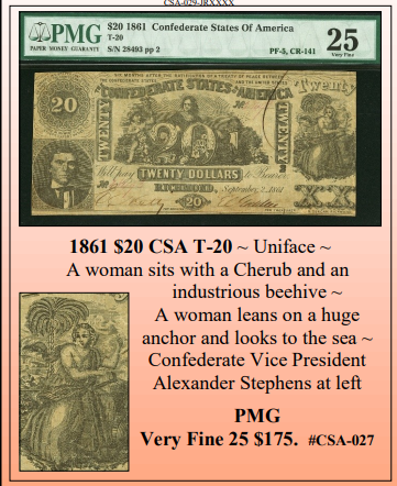 1861 $20 CSA T-20 ~ Confederate Currency ~ PMG VF 25 ~ #CSA-027