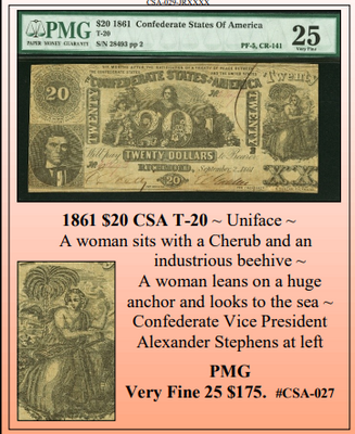 1861 $20 CSA T-20 ~ Confederate Currency ~ PMG VF 25 ~ #CSA-027
