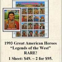1993 Great American Heroes “Legends of the West” RARE! Stamp Sheet