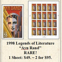 1998 Legends of Literature “Ayn Rand” RARE! Stamp Sheet