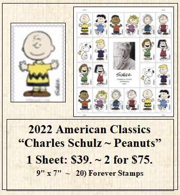 2022 American Classics “Charles Schulz ~ Peanuts” Stamp Sheet