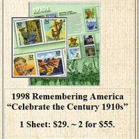 1998 Remembering America “Celebrate the Century 1910s” Stamp Sheet