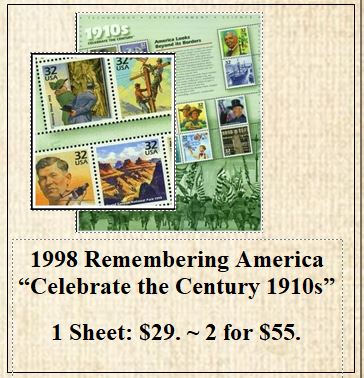 1998 Remembering America “Celebrate the Century 1910s” Stamp Sheet