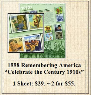 1998 Remembering America “Celebrate the Century 1910s” Stamp Sheet