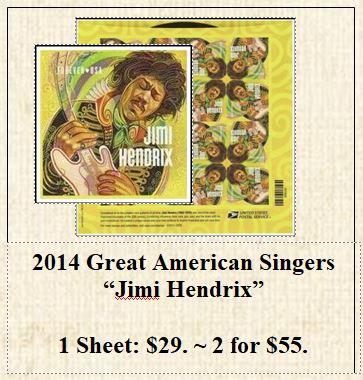 2014 Great American Singers “Jimi Hendrix” Stamp Sheet