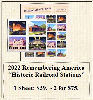 2022 Remembering America “Historic Railroad Stations” Stamp Sheet