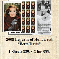 2008 Legends of Hollywood “Bette Davis” Stamp Sheet