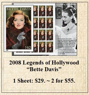 2008 Legends of Hollywood “Bette Davis” Stamp Sheet